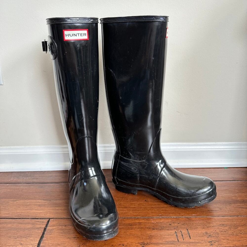 Hunter Original Tall Gloss Rain Boots Black Women's 6 Men's 5 EU 37 Knee High